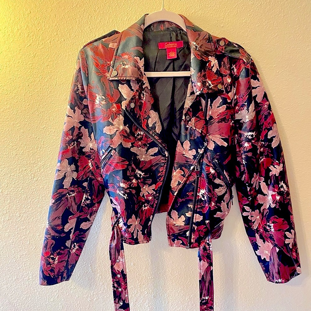 Patterned moto-faux leather jacket